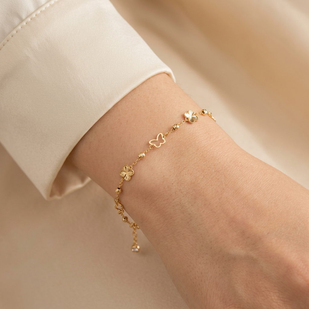 Pulsera de Oro 14k con Mariposas y Detalles Diamantados mod. 10972