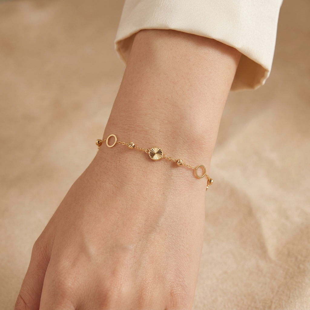 Pulsera de Oro 14k Circulos Diamantados y Huecos mod. 11045