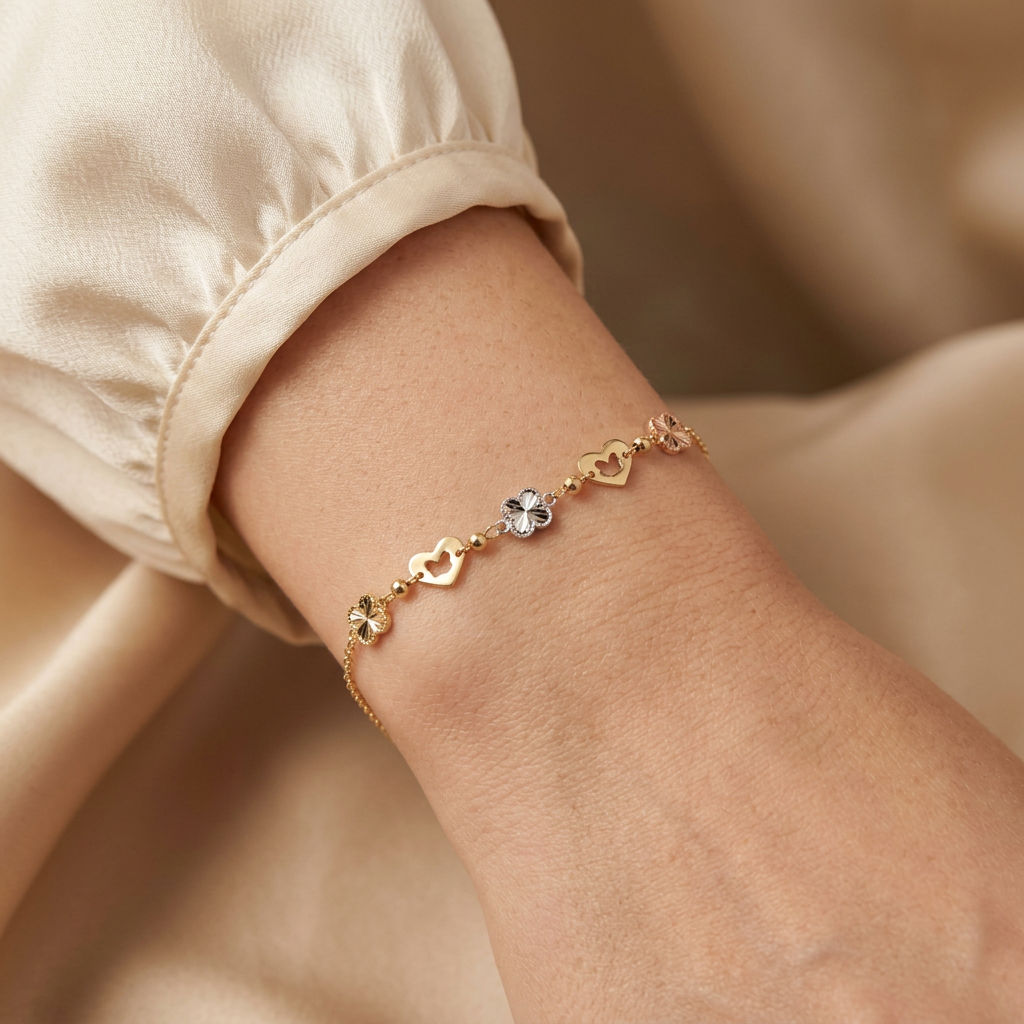 Pulsera de Oro 14k Mariposas Diamantadas Florentinas y Corazones mod. 11041