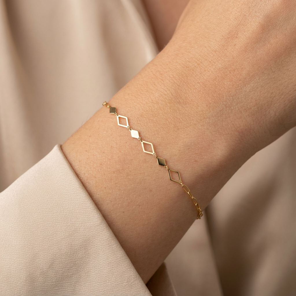 Pulsera de Oro 14k de Tejido Paperclip y Rombos mod. 11048