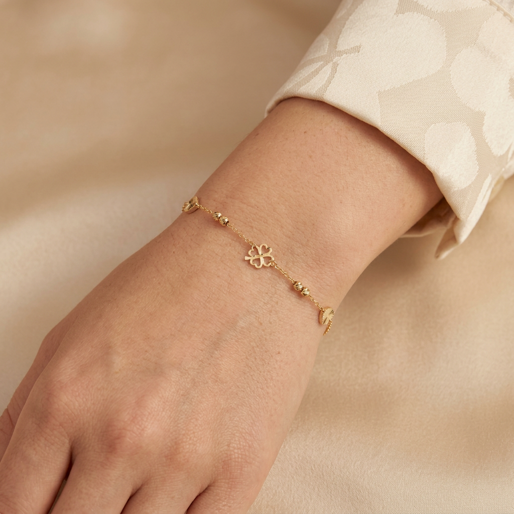 Pulsera de Oro 14k  Treboles de la Suerte y Corazones Diamantados mod. 11043