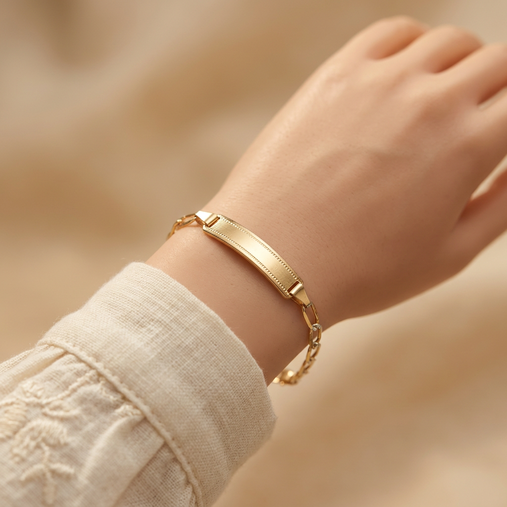 Esclava de Oro 14k para Niño Tejido Inglés con Diamantado y Placa Detallada mod. 11206