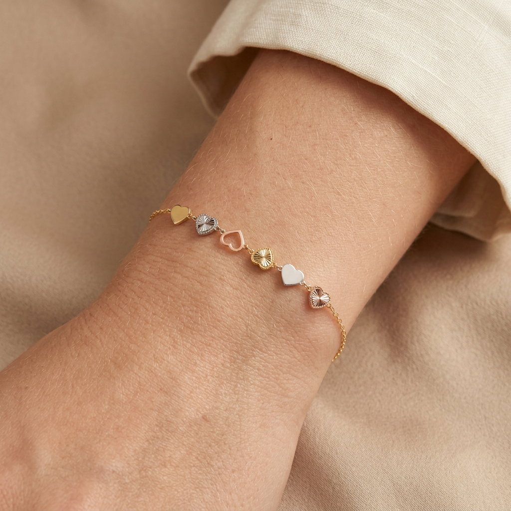 Pulsera de Oro 14k Corazones Inflados Lisos y Diamantados Florentinos mod. 11040