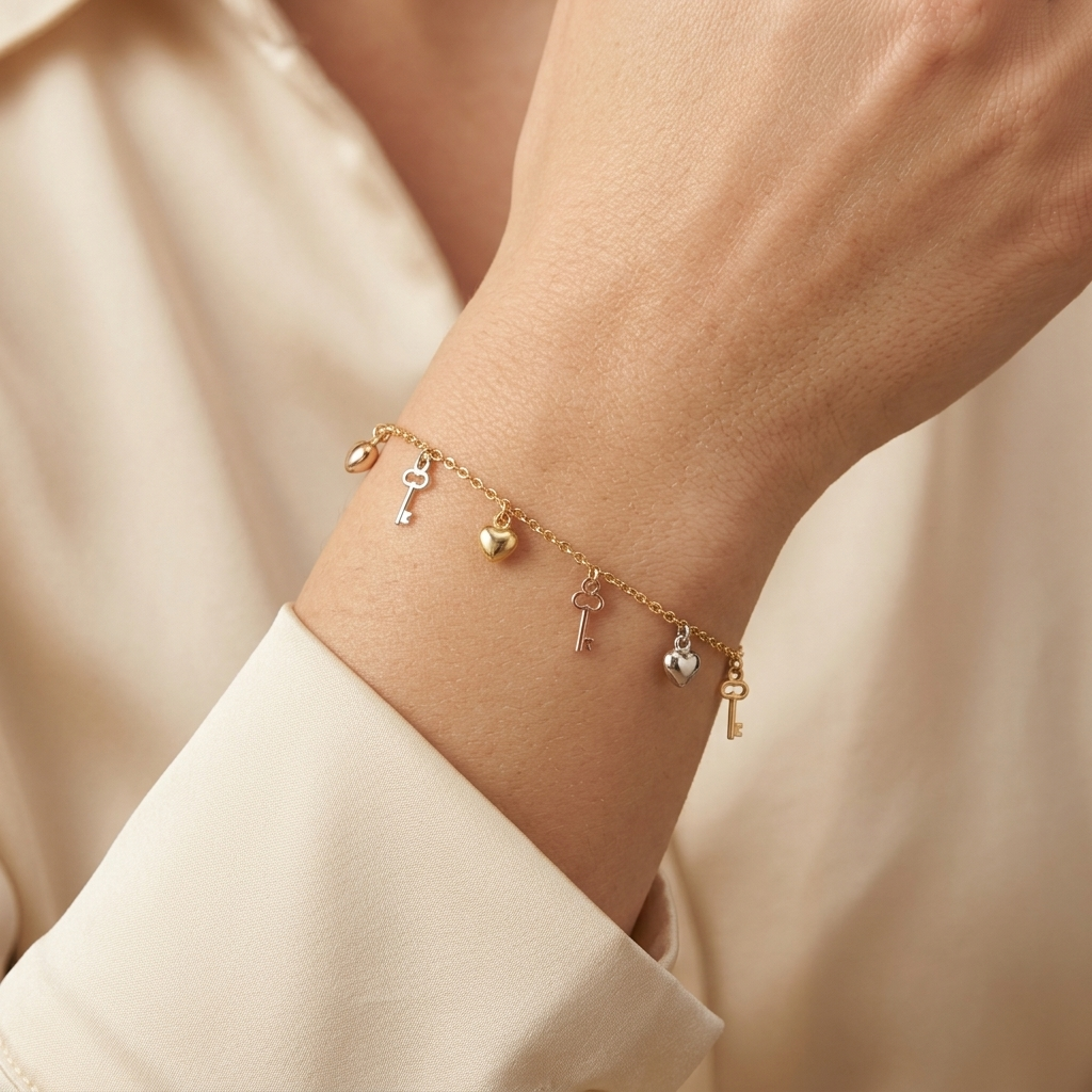Pulsera de Oro 14k Corazones y Llaves Florentinas mod. 11033