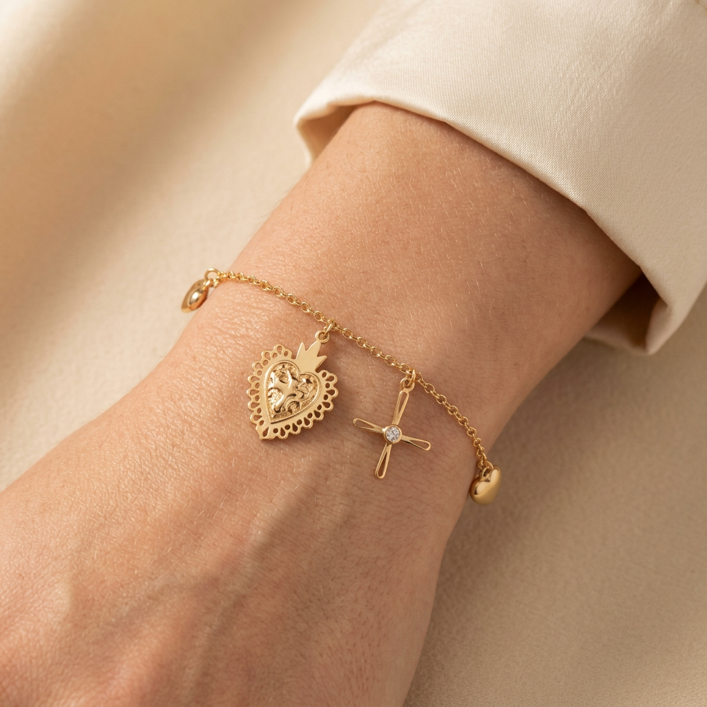 Pulsera de Oro 14k Colgantes de Corazones y Cruces mod. 10944