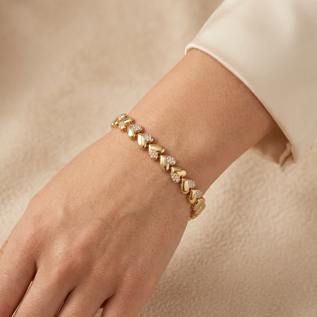 Pulsera de Oro 14k Corazones con Incrustación de Zirconias mod. 10962