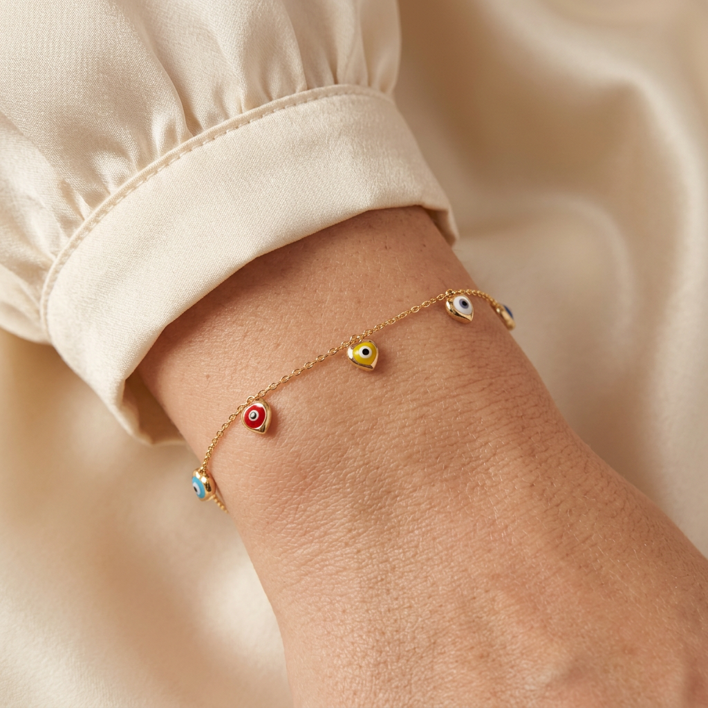 Pulsera de Oro 14k Corazones con Ojos Turcos de Colores mod. 11034