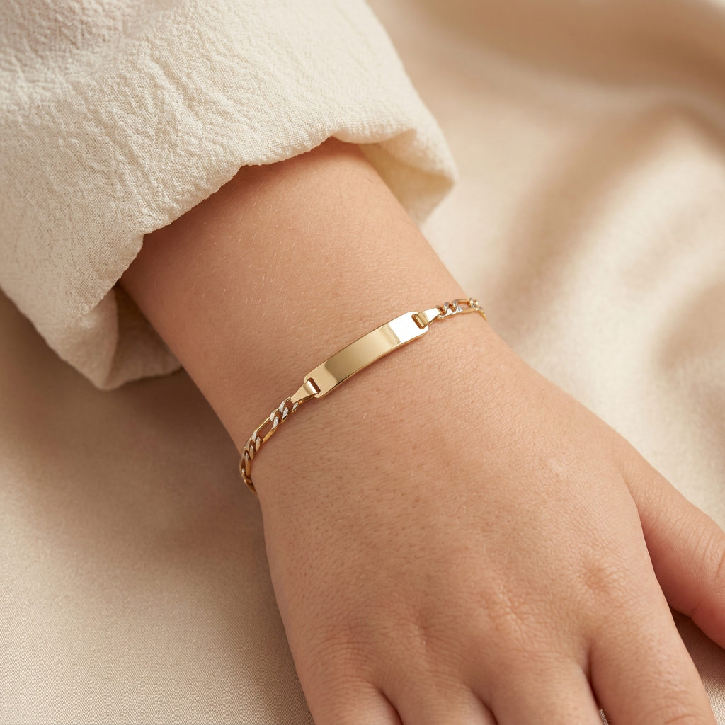 Esclava de Oro 14k para Niño Tejido 3x1 con Placa Lisa y Diamantado mod. 11209