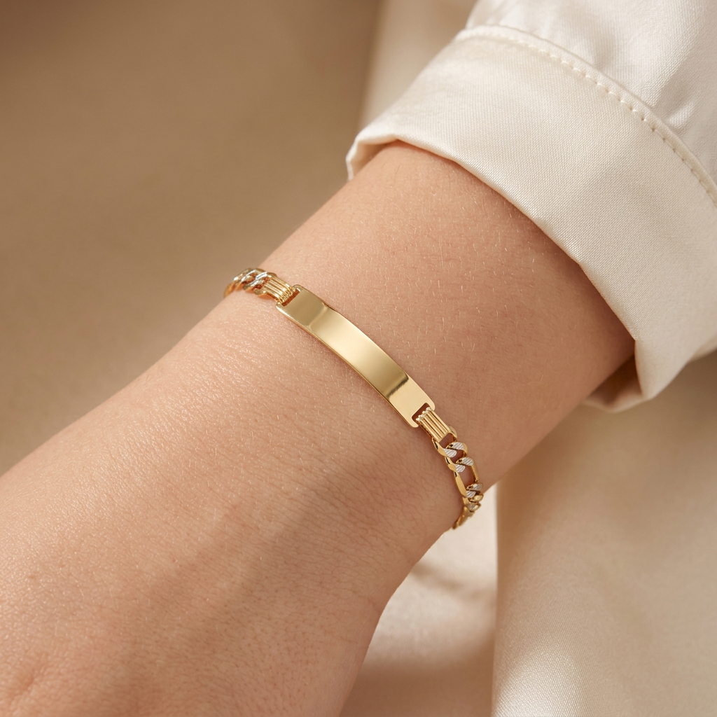Esclava de Oro 14K Combinado en Tejido 3x1 con Diamantado Blanco para Niño mod. 10932