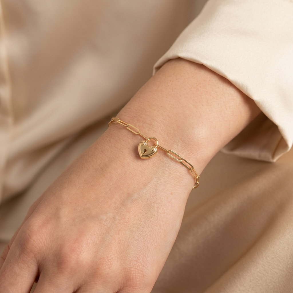 Pulsera de Oro 14k Paperclip con Corazón Candado mod. 11032