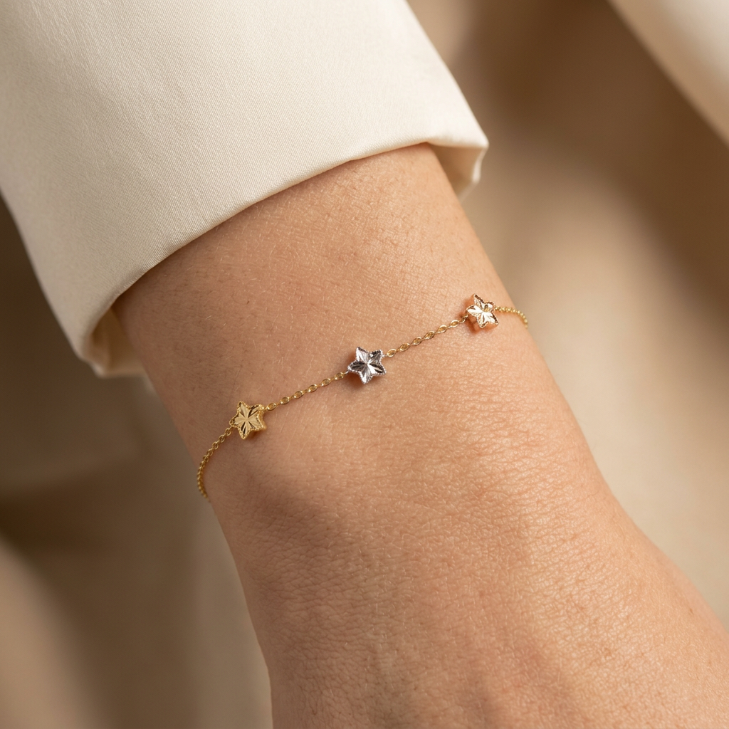 Pulsera de Oro 14k de 3 Estrellas Diamantadas Florentinas mod. 11038