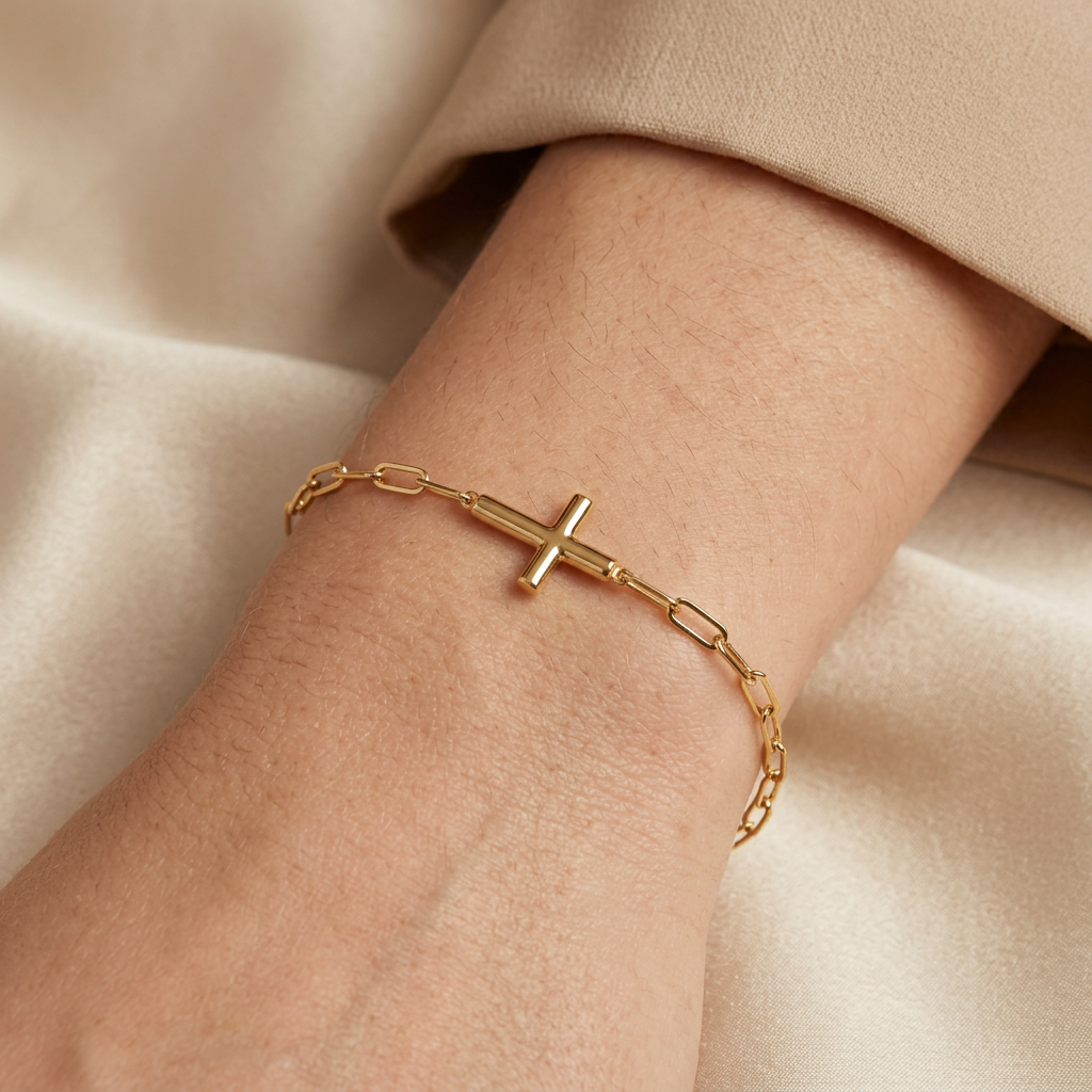 Pulsera de Oro 14k Tejido Paperclip con Cruz mod. 10974
