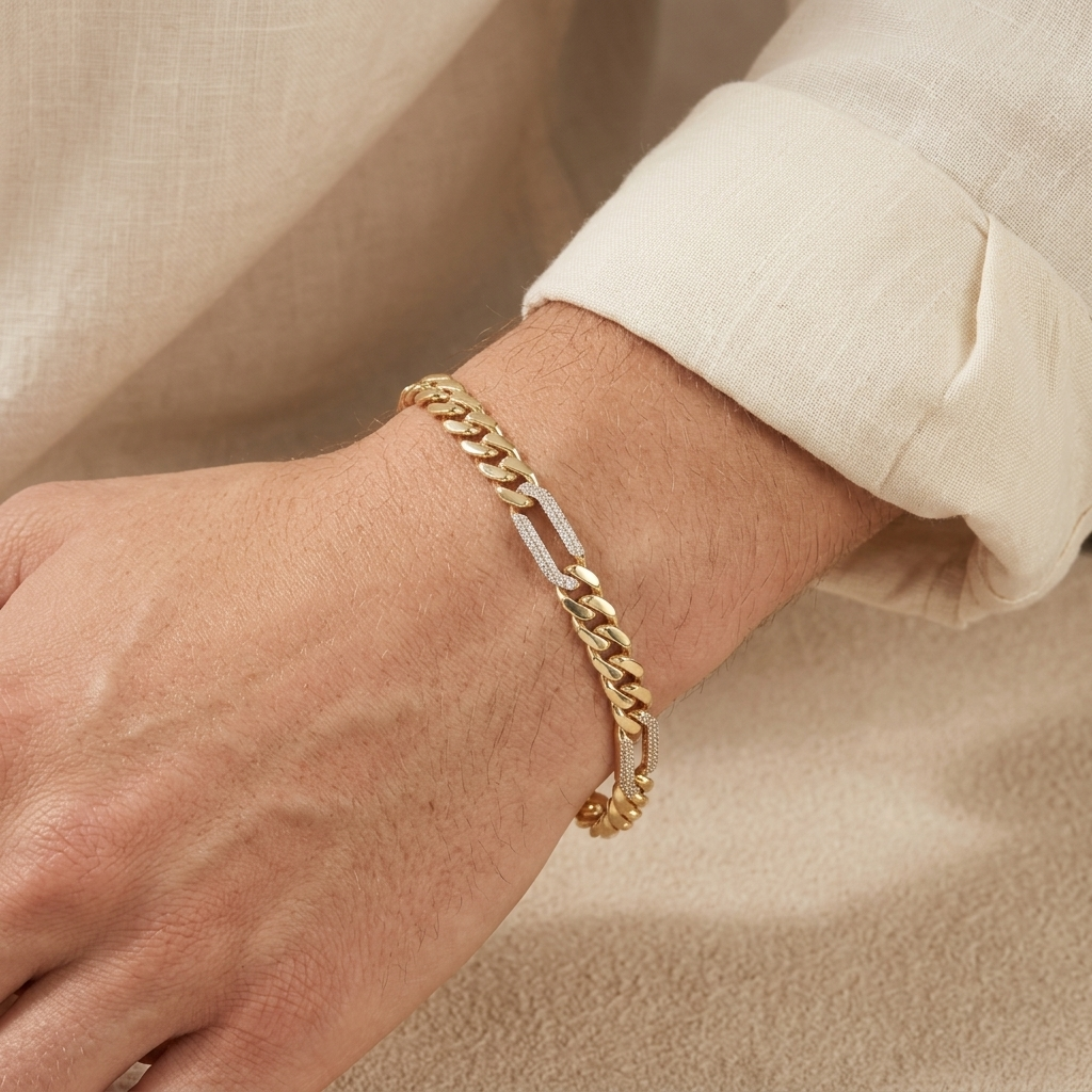 Pulsera de Oro 14k Monaco Modelo Figaro con Incrustación de Zirconias mod. 10996