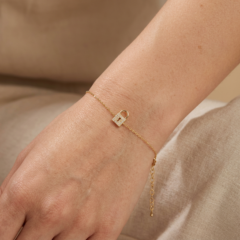 Pulsera de Oro 14k Candado con Inscrustación de Zirconias mod. 11026