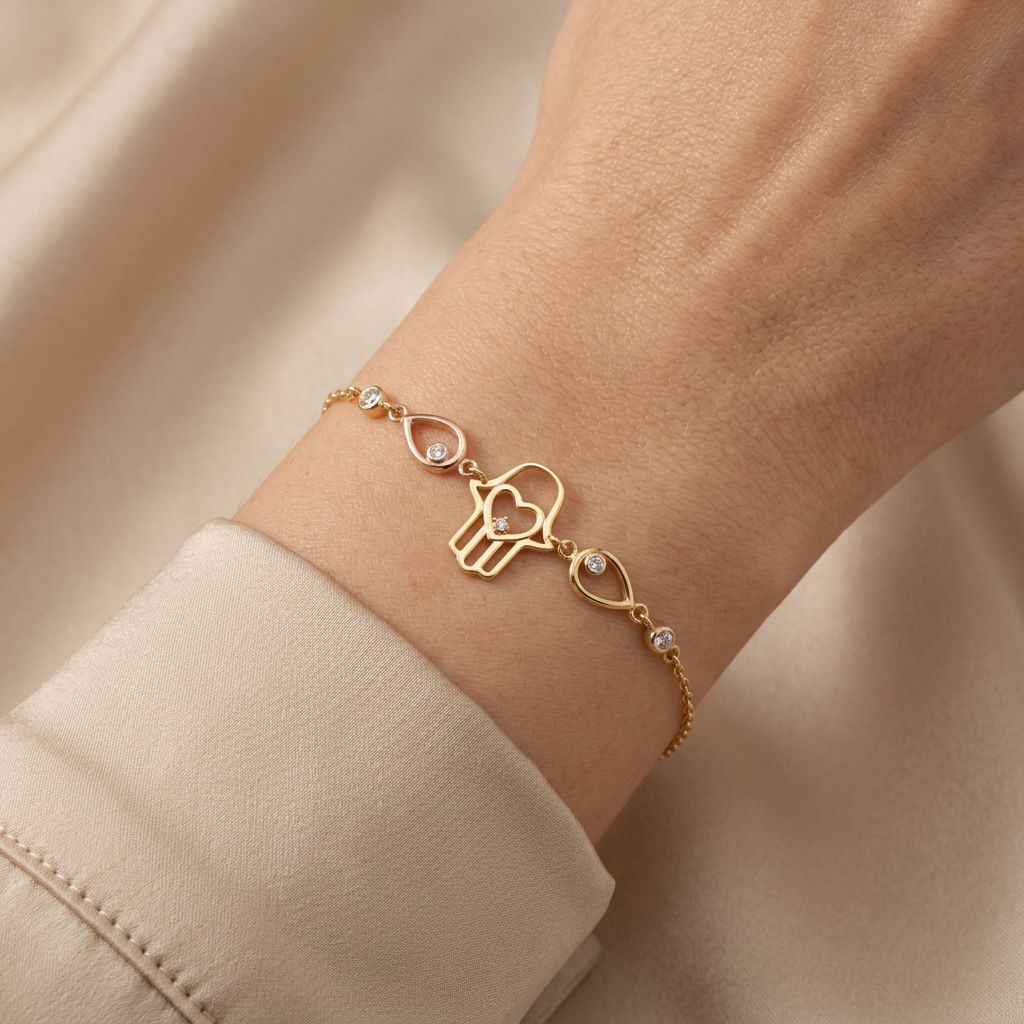Pulsera de Oro 14k Mano de Fátima con Zirconias mod. 11024