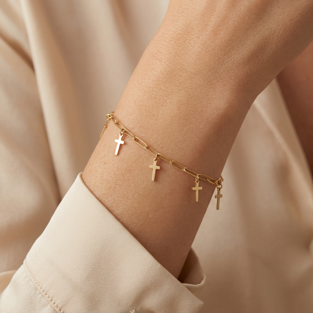 Pulsera de Oro 14k Tejido Paperclip con Cruces Colgantes mod. 10969