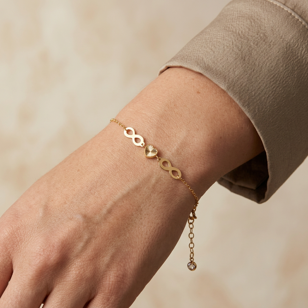 Pulsera de Oro 14k con Infinitos y Corazón Diamantado mod. 10973
