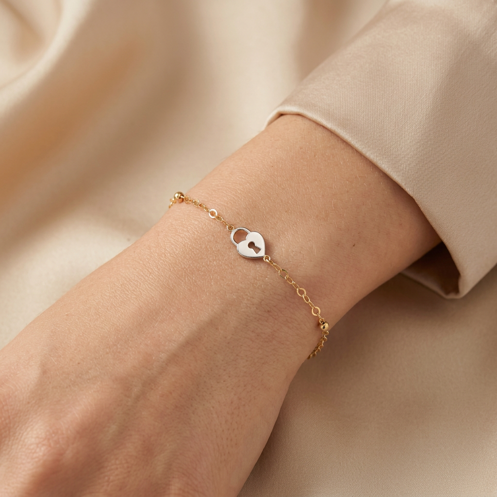 Pulsera de Oro 14k Candado de Corazón en Oro Blanco mod. 11047