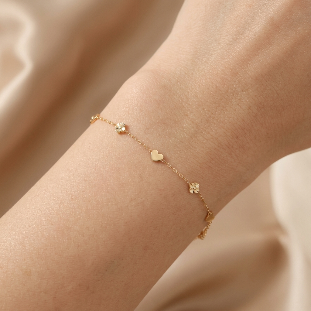 Pulsera de Oro 14k  Corazones y Flores Diamantadas mod. 11039