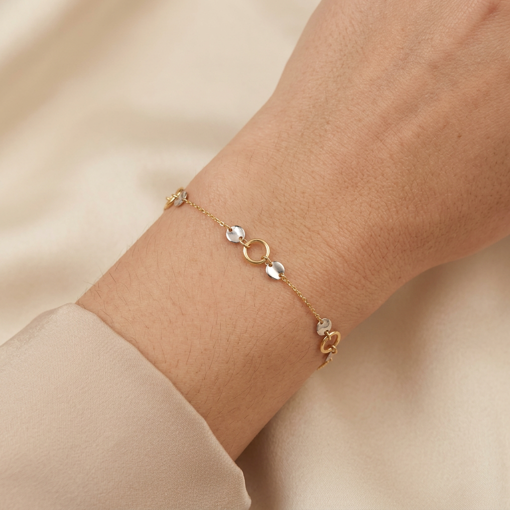 Pulsera de Oro 14k Circulos con Oro Blanco mod. 11029
