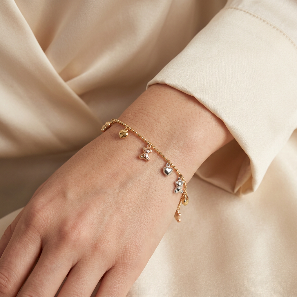 Pulsera de Oro 14k Osos y Corazones Florentinos mod. 11028