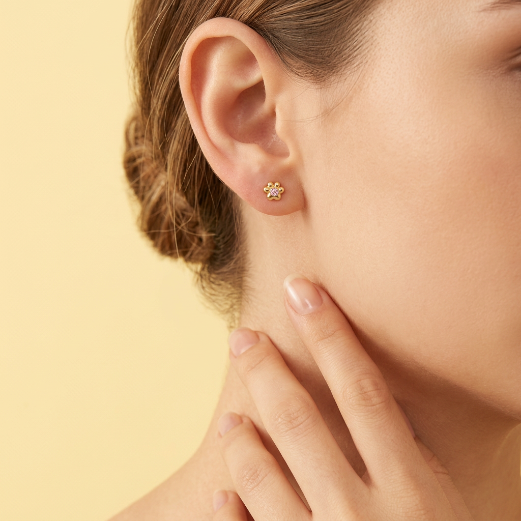 Broquel de Oro 14k Huellita con Zirconia Baby Pink Mod. 11159