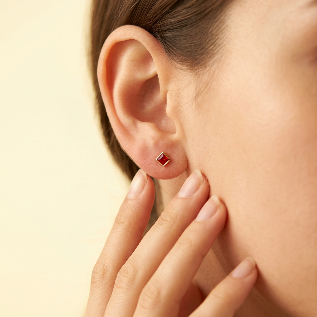 Broquel de Oro 14k Zirconia Cuadrada en Color Rojo Mod. 11168
