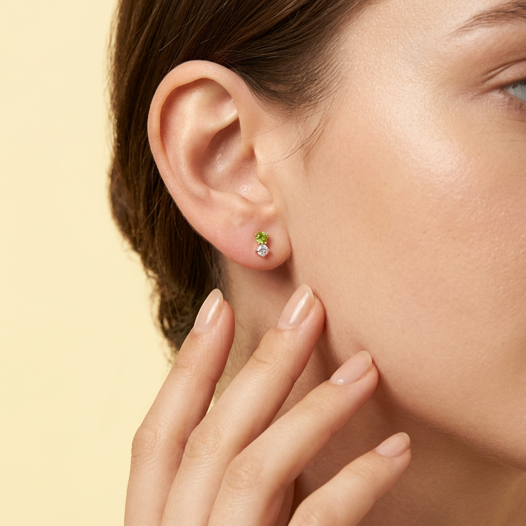 Broquel de Oro 14k Doble Zirconia con Color Verde  Mod. 11161