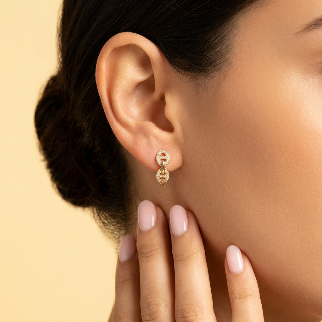 Arete con Broche Patente de Oro 14k Doble Ovalo con Zirconias mod. 11055
