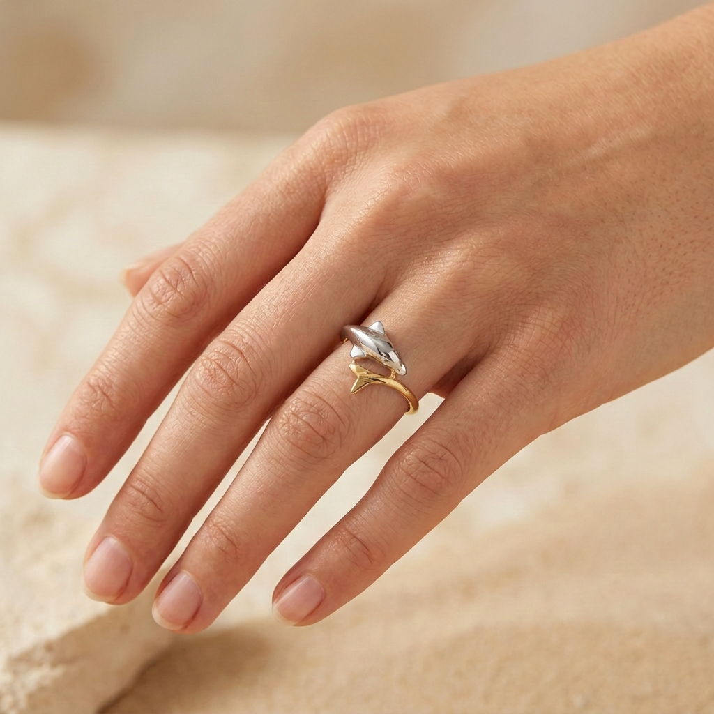 Anillo de Oro 14k Delfin con Oro Blanco mod. 10886