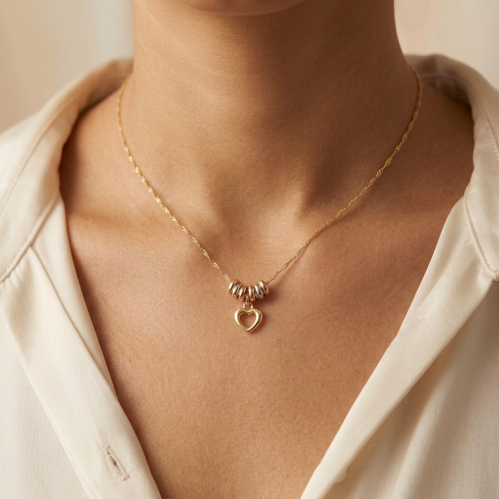 Gargantilla de Oro 14k con Aros Florentinos y Colgante de Corazón Hueco mod. 11022