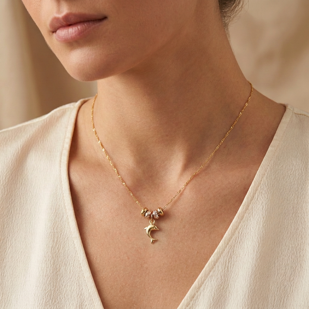 Gargantilla de Oro 14k con Aros Florentinos y Colgante de Delfín mod. 11017