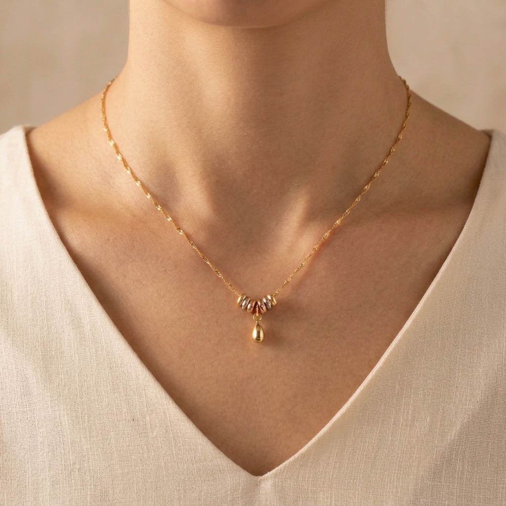 Gargantilla de Oro 14k con Aros Florentinos y Colgante de Gota mod. 11018