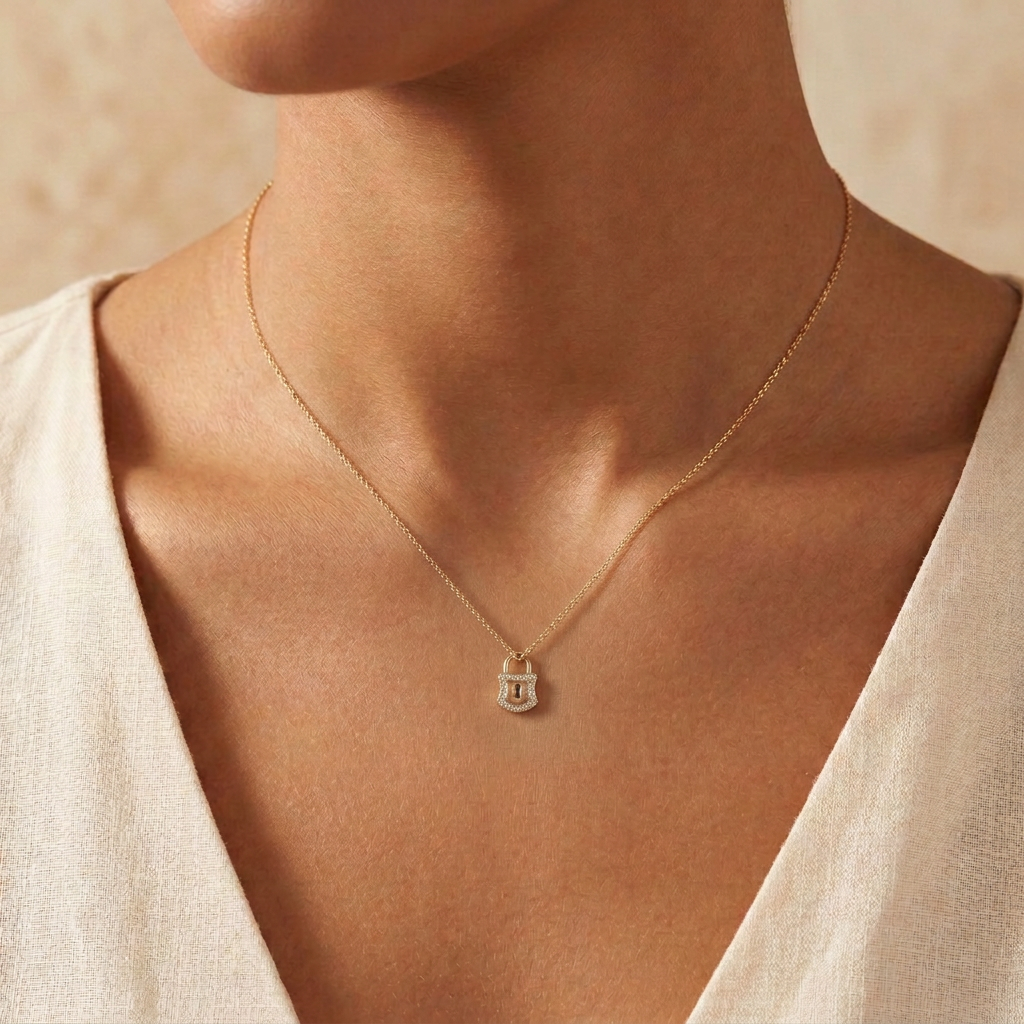 Gargantilla de Oro 14k Candado con Borde de Zirconias mod. 11144