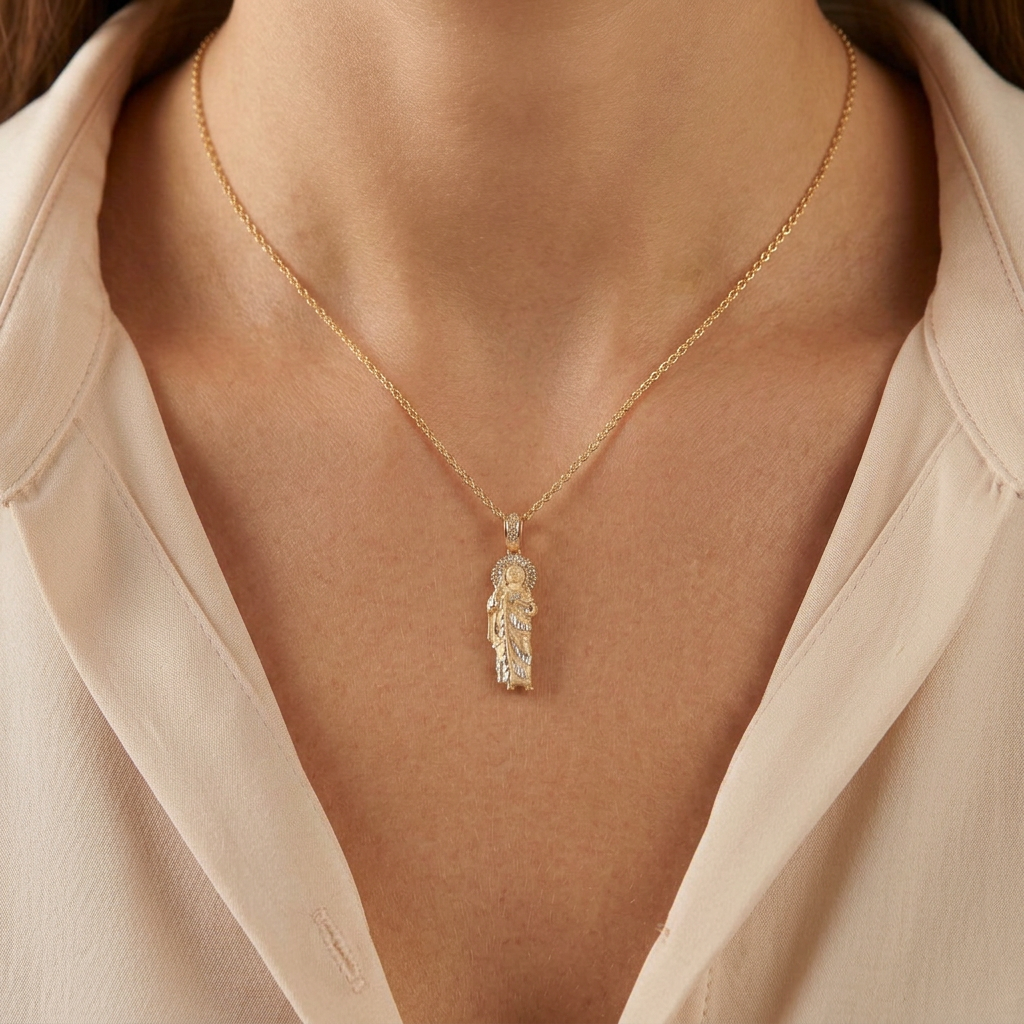 Dije de Oro 14k San Judas Tadeo con Aureola de Zirconias mod. 11092