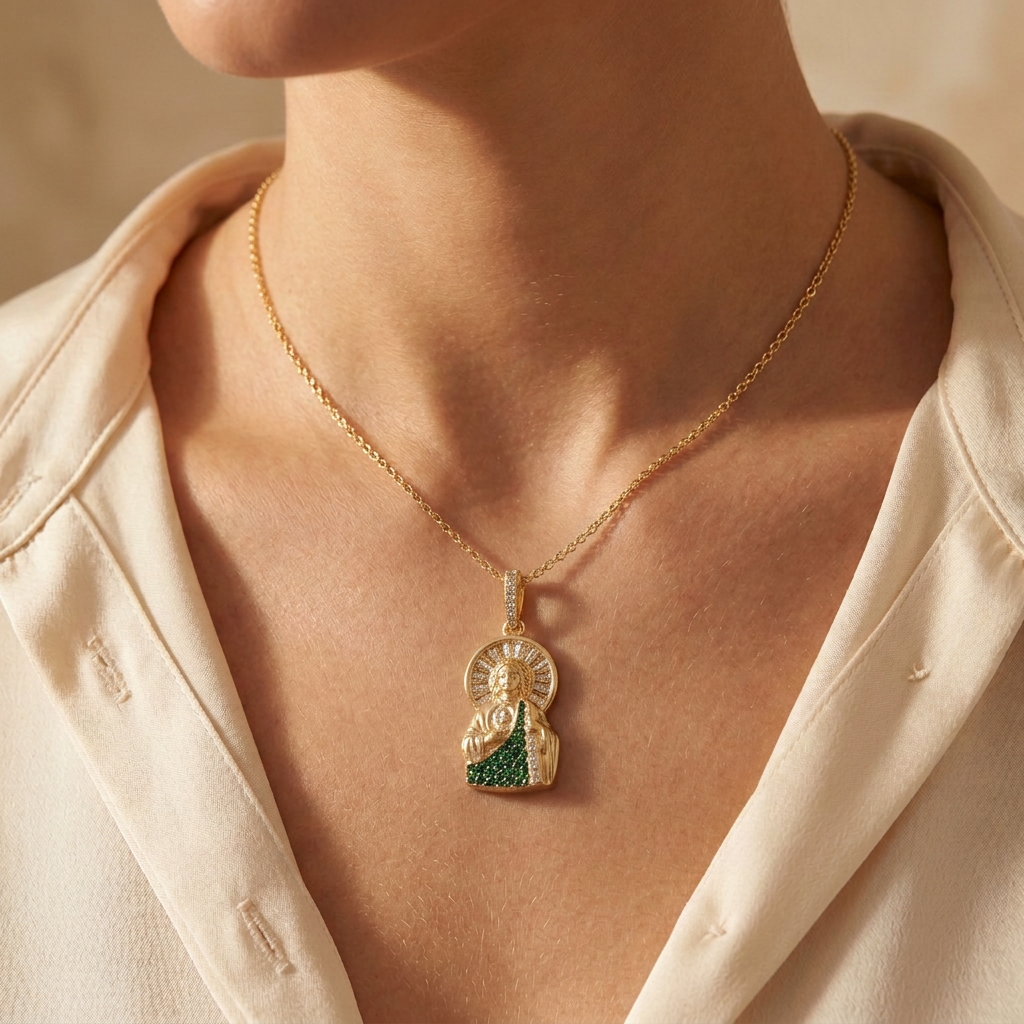 Dije de Oro 14k San Judas Tadeo con Zirconias Verdes mod. 11100