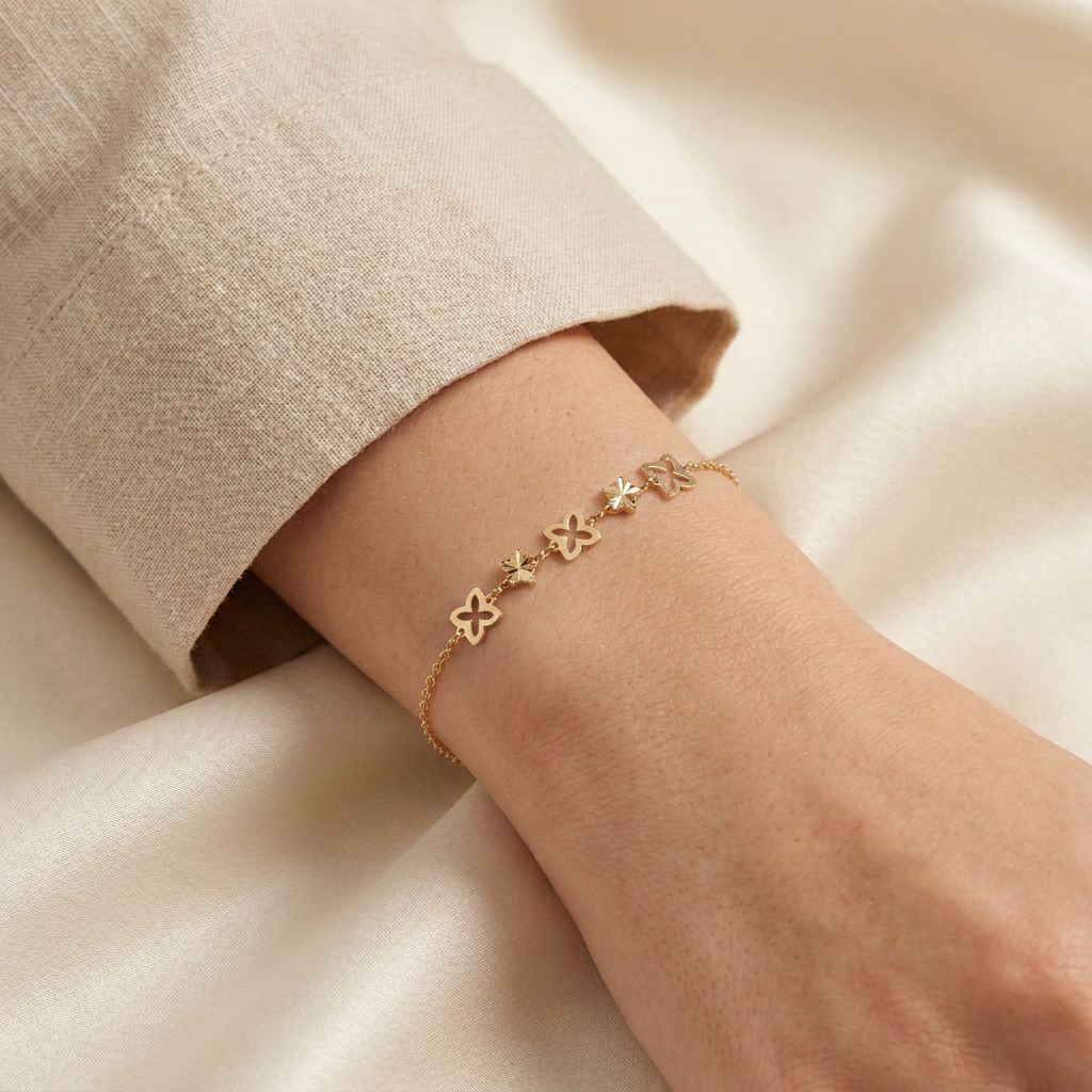 Pulsera de Oro 14k Flores y Estrellas Diamantadas mod. 10976
