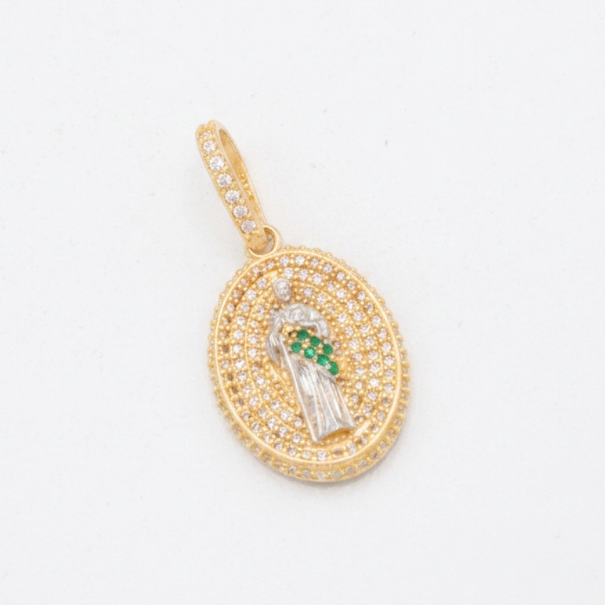 Medalla de Oro 14k Oval San Judas Tadeo Cubierta de Zirconias mod. 11095