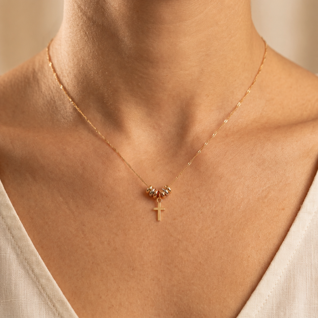 Gargantilla de Oro 14k con Aros Florentinos y Colgante de Cruz mod. 11020