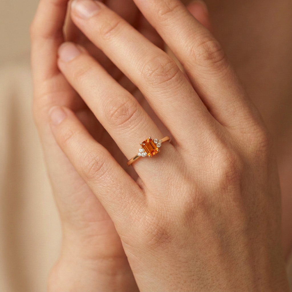Anillo de Oro 14k Piedra Principal Naranja Rectangular mod. 11171