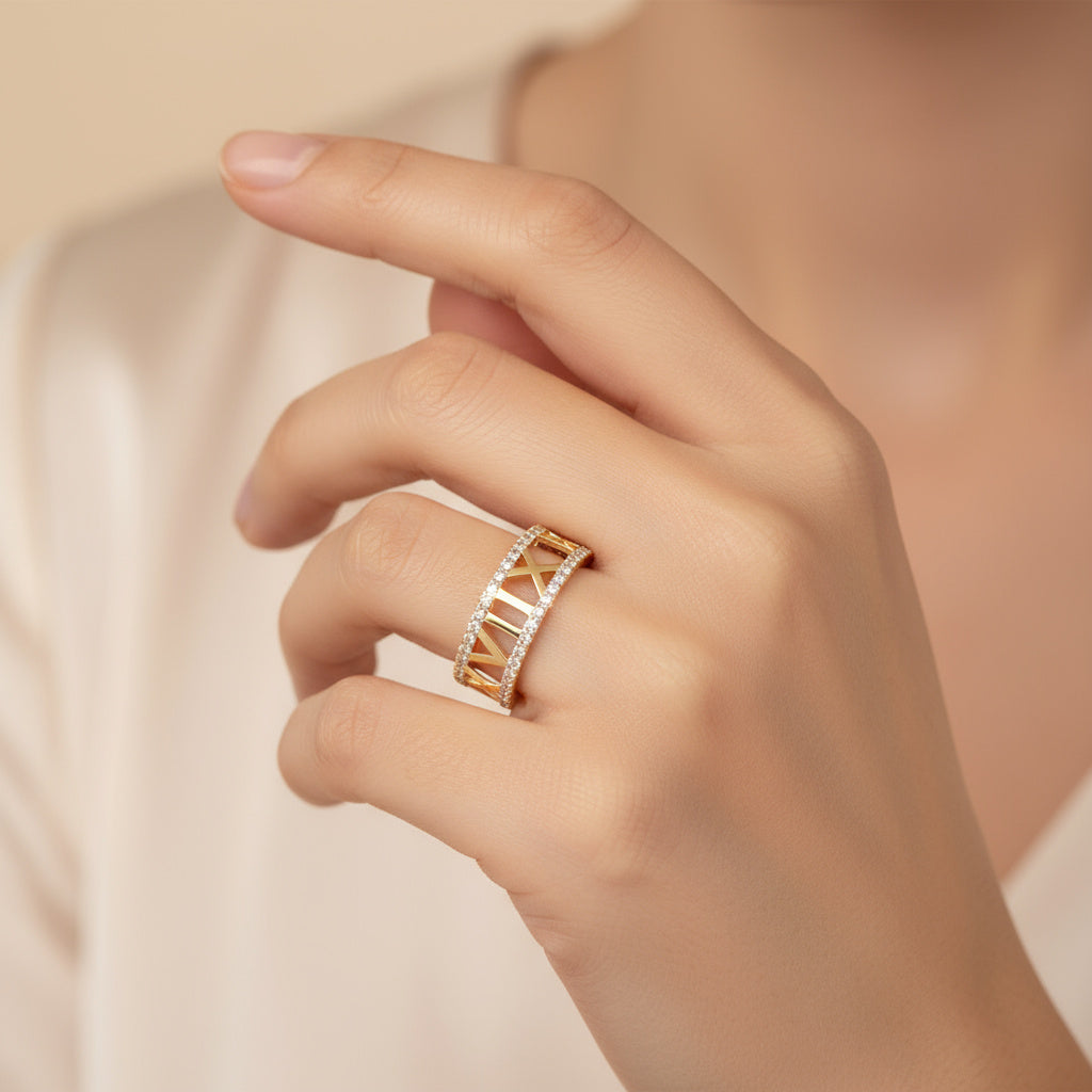 Anillo de Oro 14k Diseño Romano y Zirconias Brillantes mod. 9949