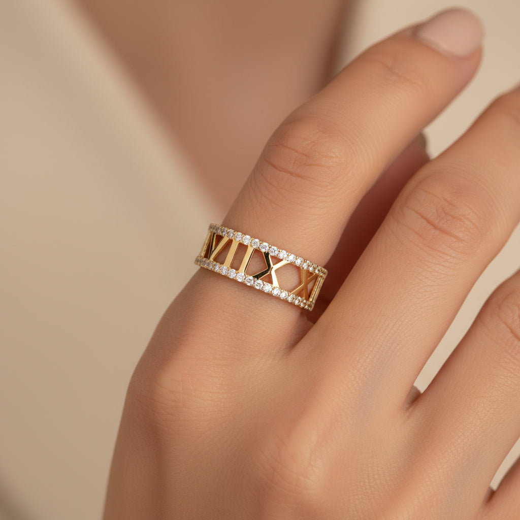 Anillo de Oro 14k Diseño Romano y Zirconias Brillantes mod. 9949