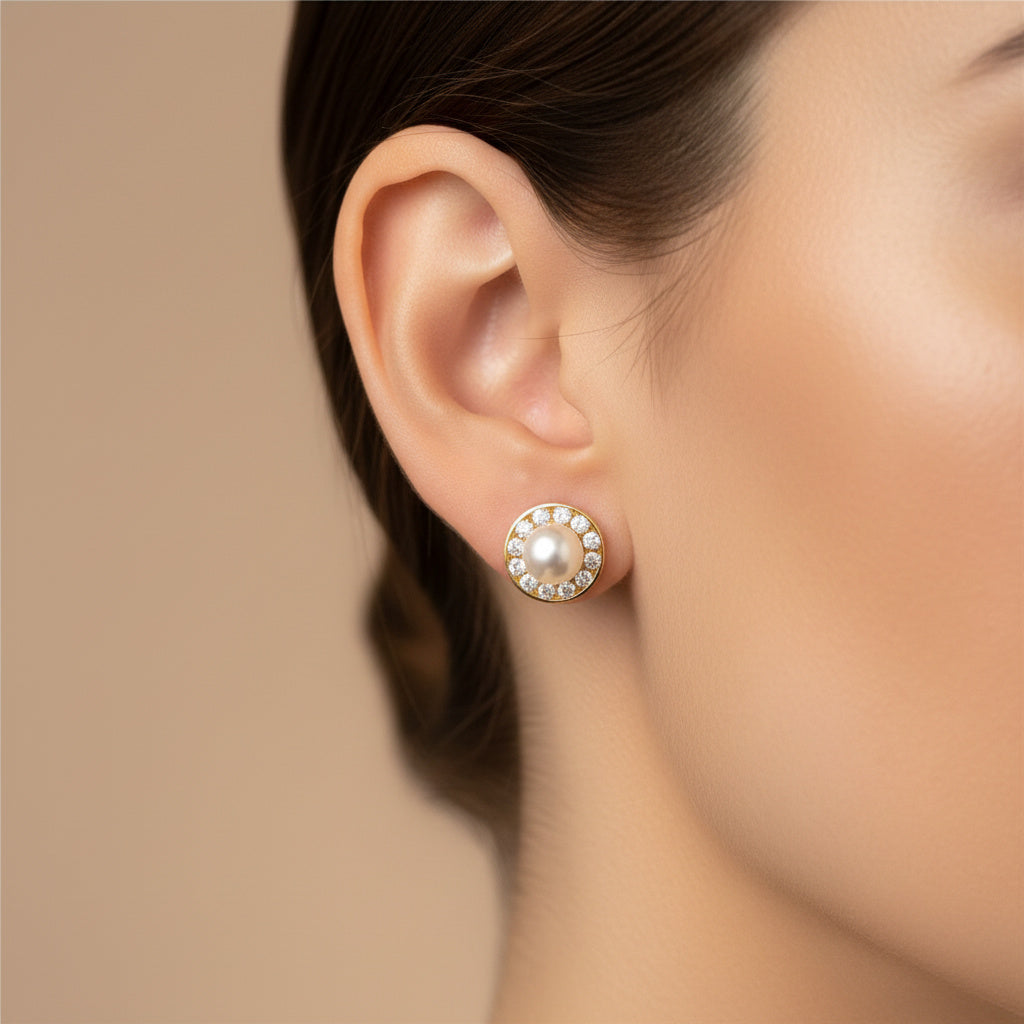 Arete de Oro 14k con Perla Natural e Incrustado de Zirconias mod. 10061