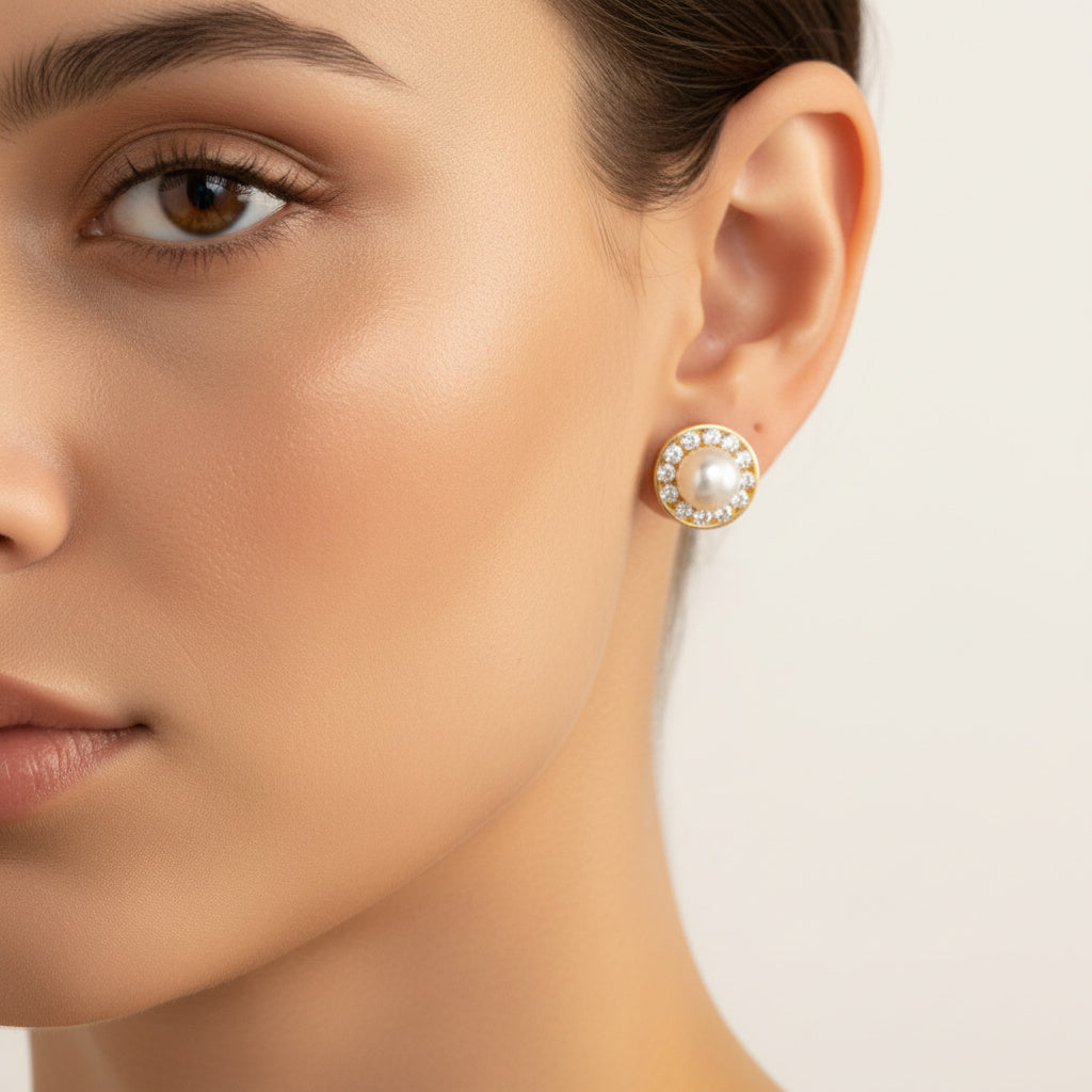 Arete de Oro 14k con Perla Natural e Incrustado de Zirconias mod. 10061