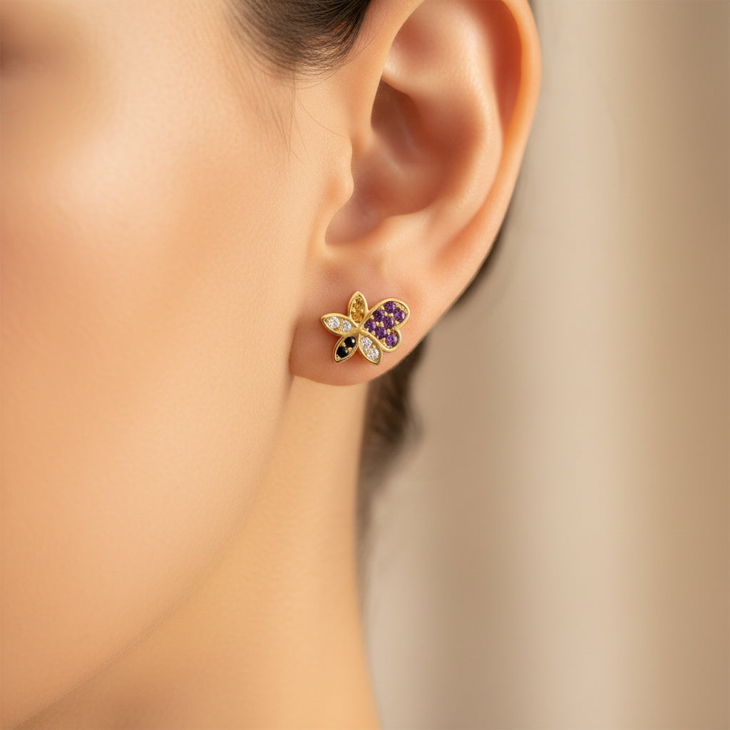 Arete de Oro 14k Flor y Corazón con Incrustado de Zirconias mod. 10056