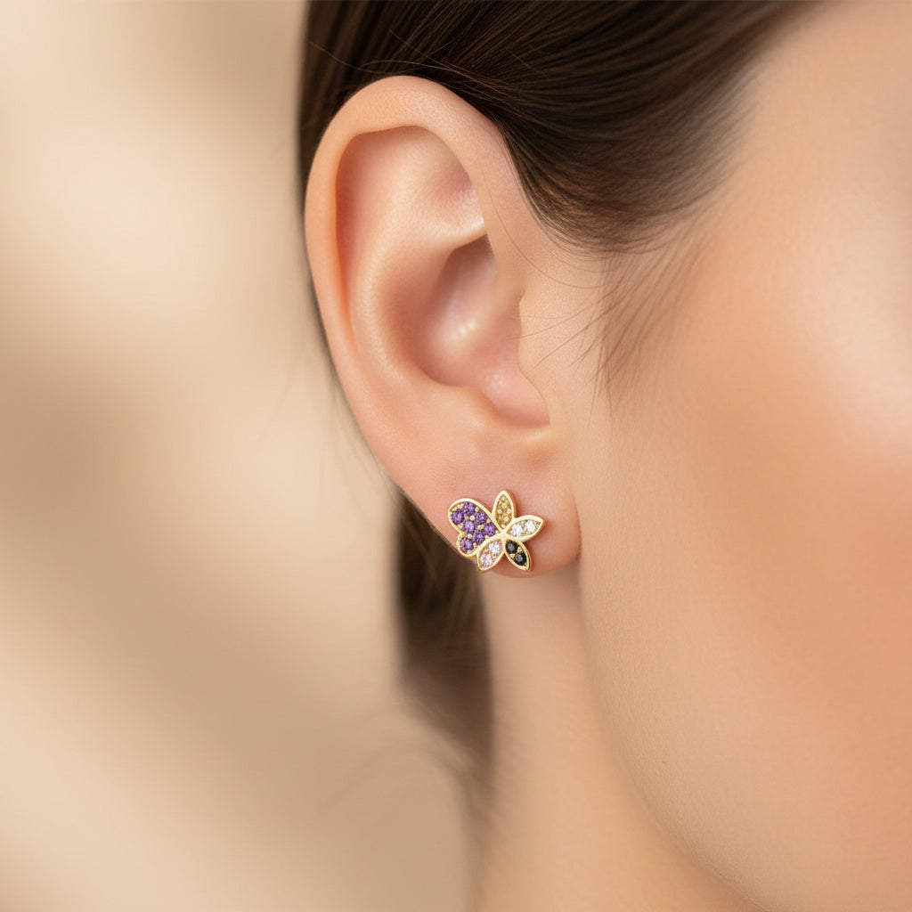 Arete de Oro 14k Flor y Corazón con Incrustado de Zirconias mod. 10056