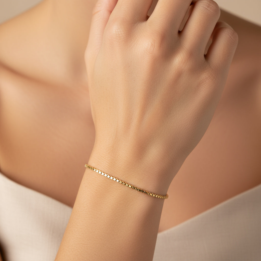 Pulsera de Oro 14k Eslabón Veneciano Cuadrado con Cierre de Pestaña de Lujo mod. 10000