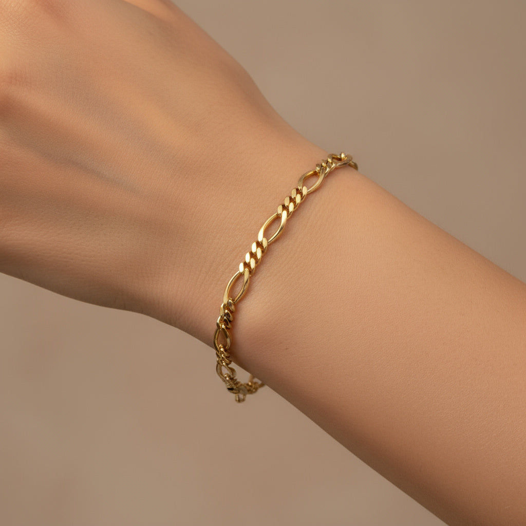 Pulsera de Oro 14k Fígaro Reforzado Eslabón Oval y Torcido con Broche de Seguridad mod. 9998