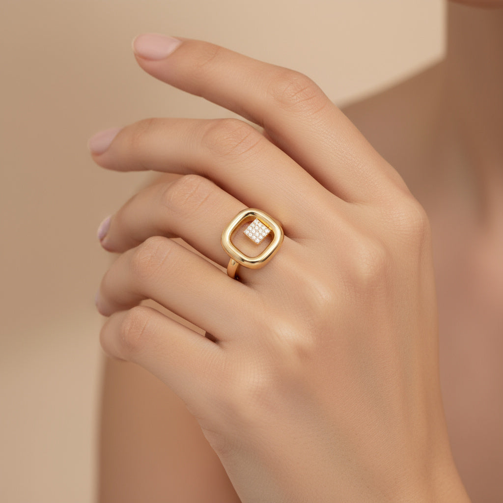 Anillo de Oro 14k Diseño de Doble Cuadrado con Incrustado de Zirconias mod. 9981