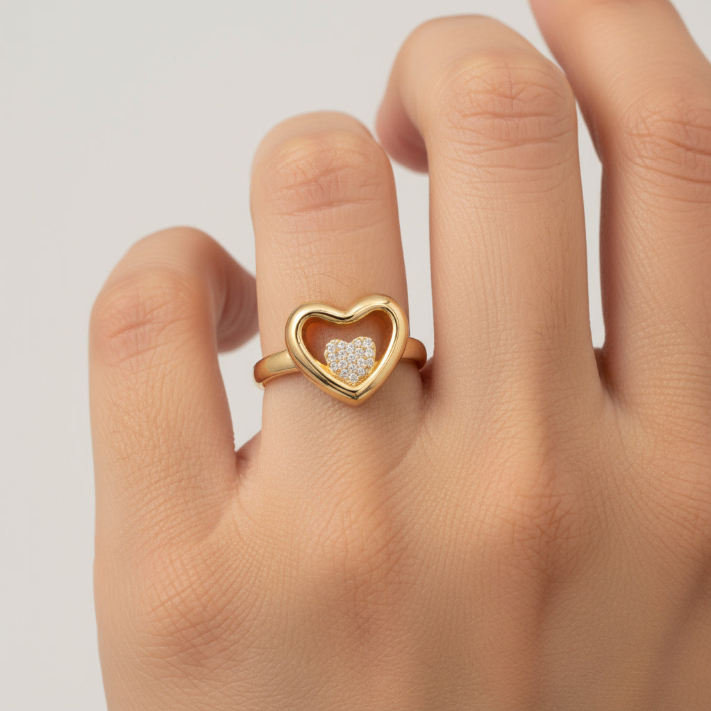 Anillo de Oro 14k Diseño de Doble Corazón con Incrustado de Zirconias mod. 9980